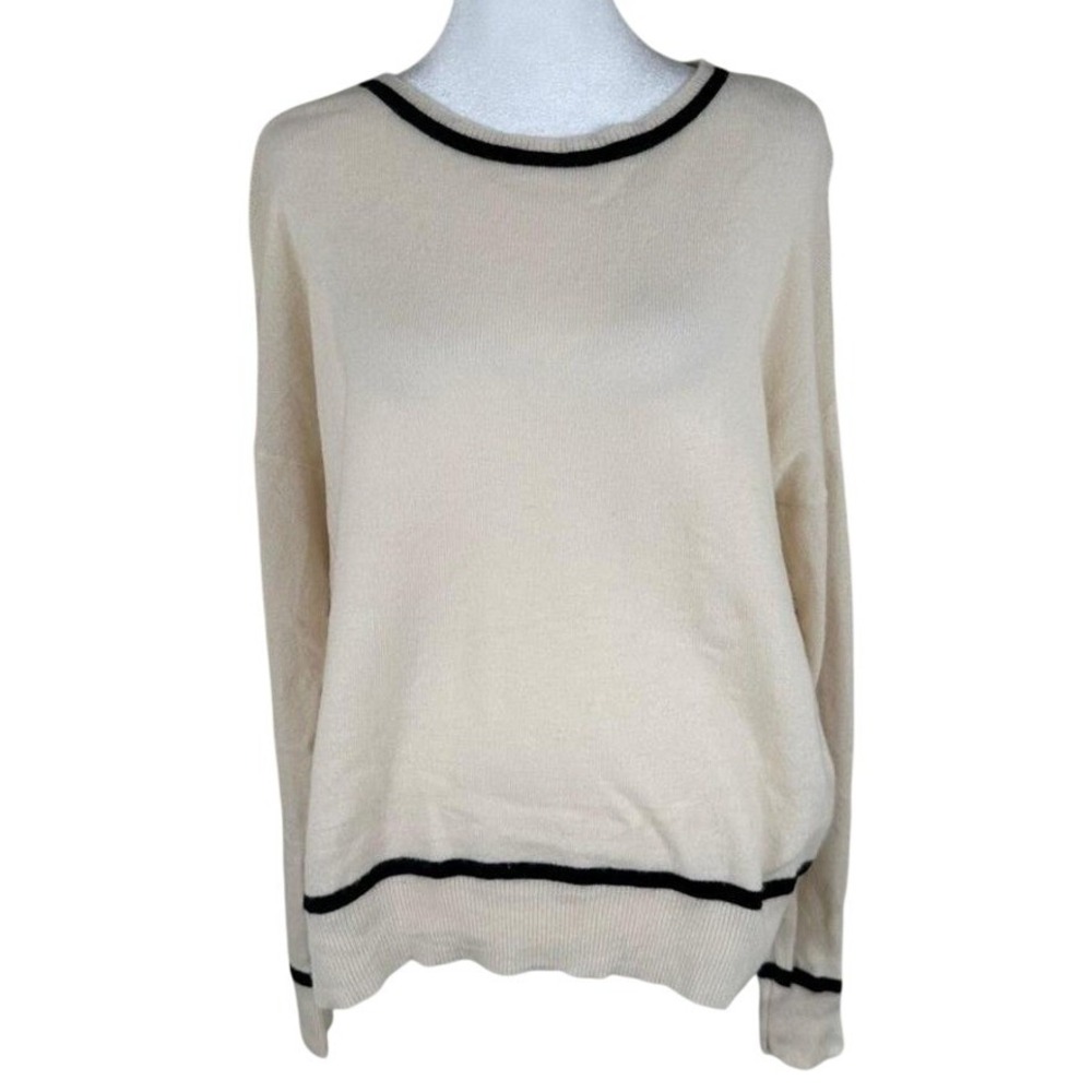 Rachel Zoe Cashmere Sweater Womens L Cream‎ Black Contrast Tipping Crew Pullover